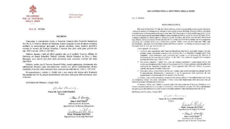 O decreto de excomunhão e a nota explicativa do Dicastério para a Doutrina da Fé